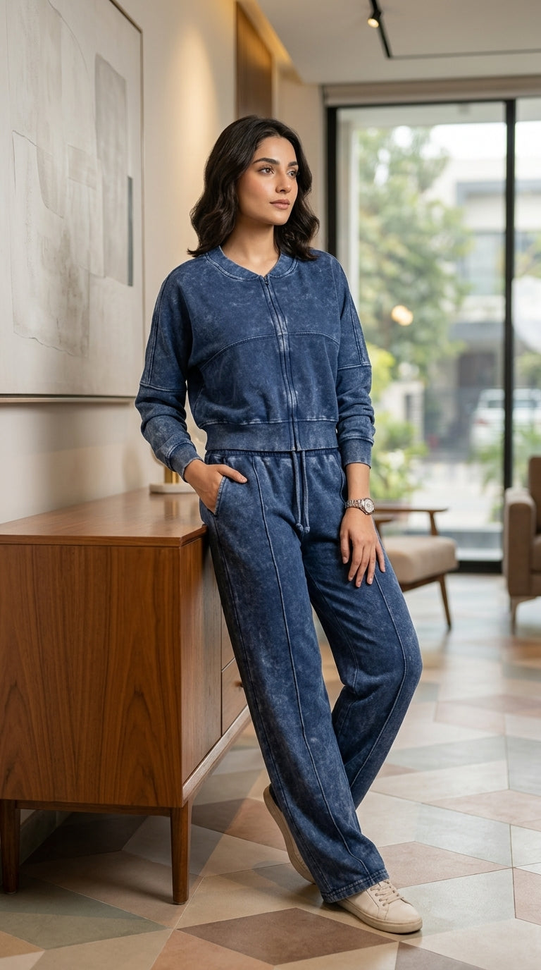 Women’s Acid Wash Zip-Up Tracksuit Set - Royal Blue