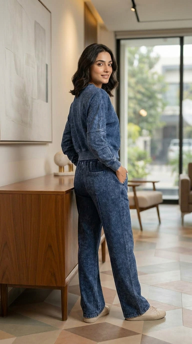 Women’s Acid Wash Zip-Up Tracksuit Set - Royal Blue