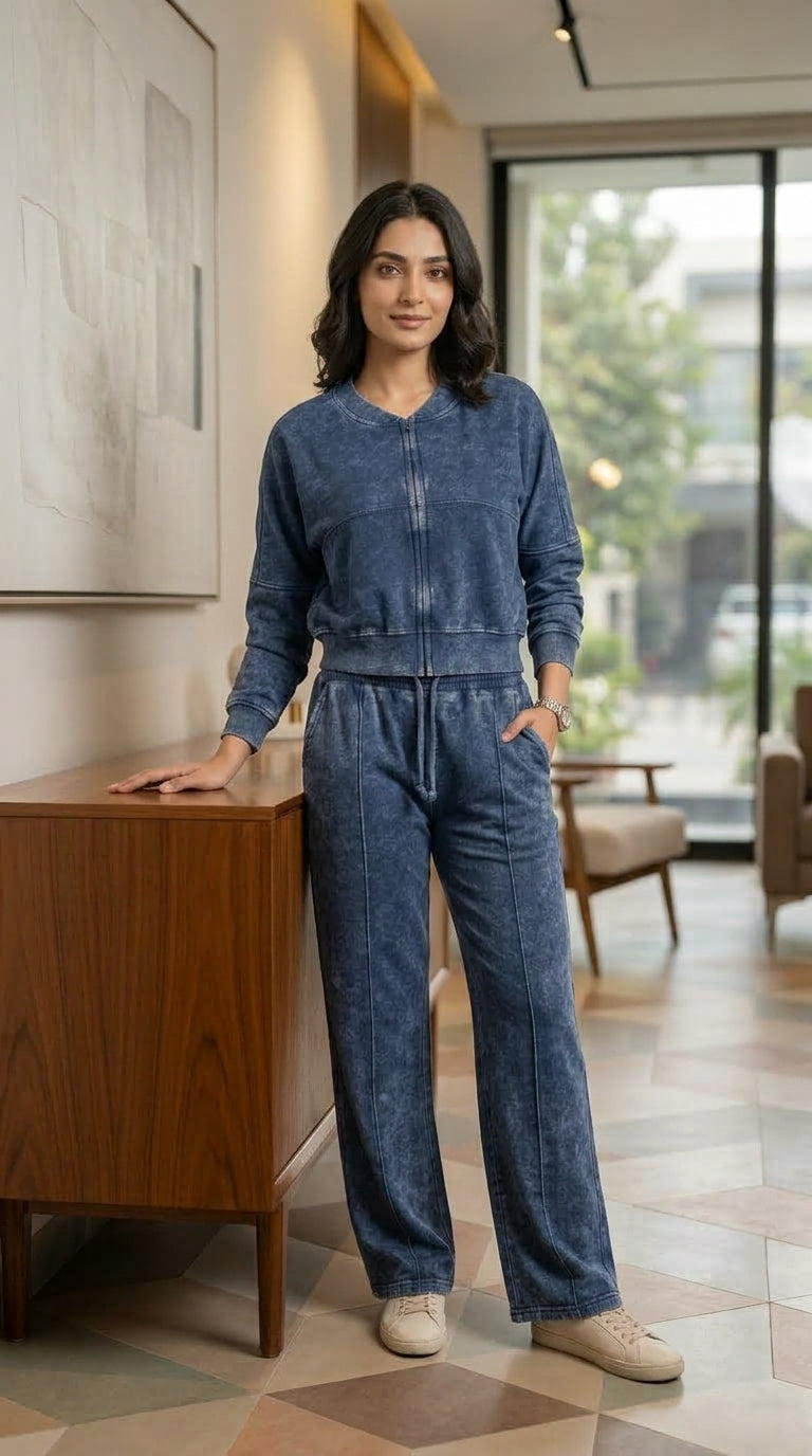 Women’s Acid Wash Zip-Up Tracksuit Set - Royal Blue