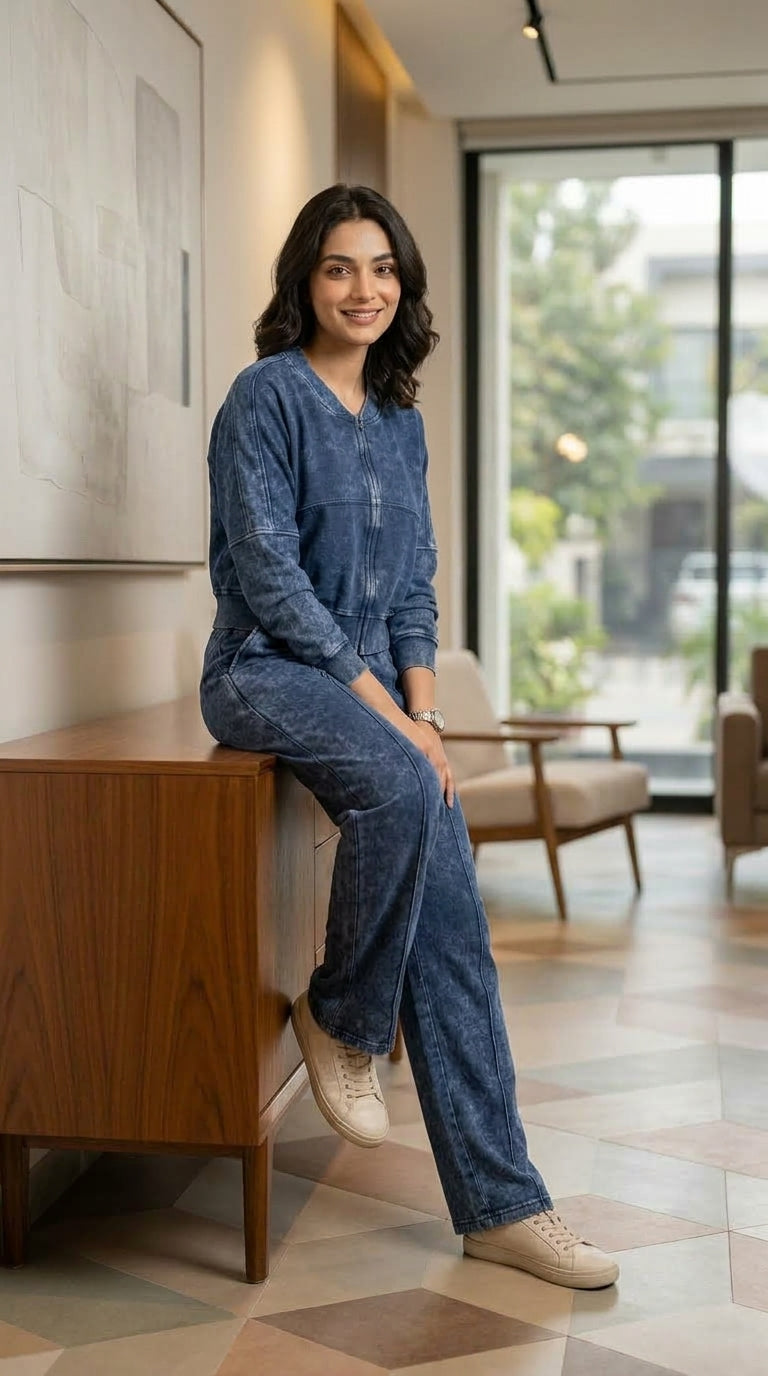 Women’s Acid Wash Zip-Up Tracksuit Set - Royal Blue