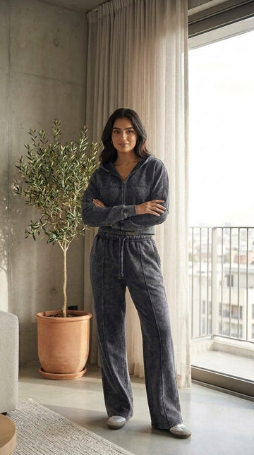 Women’s Acid Wash Zip-Up Tracksuit Set - Grey
