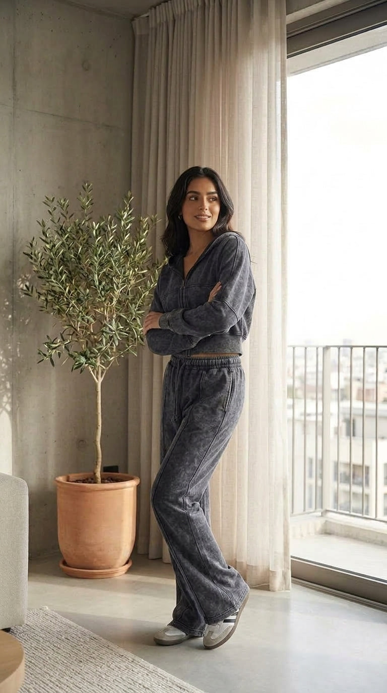 Women’s Acid Wash Zip-Up Tracksuit Set - Grey