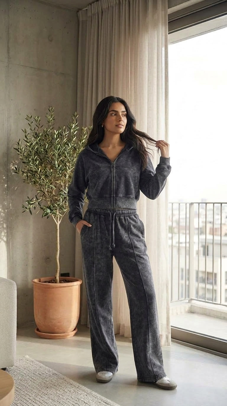 Women’s Acid Wash Zip-Up Tracksuit Set - Grey